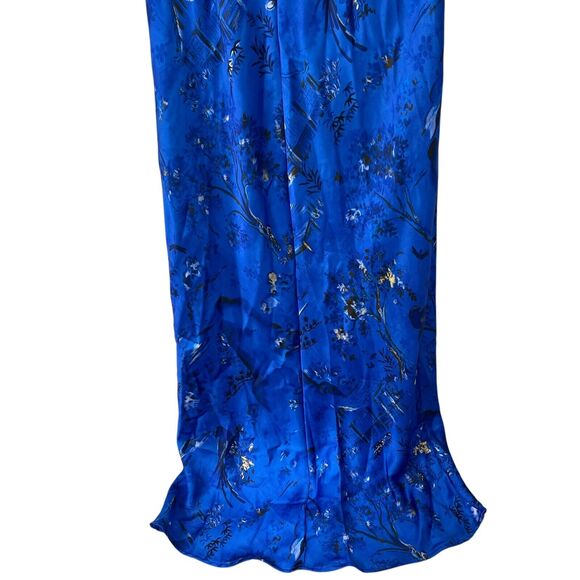 ZARA Oriental Printed Satin Midi Dress Ruched Shoulder Pads Keyhole Blue Small - Picture 12 of 12
